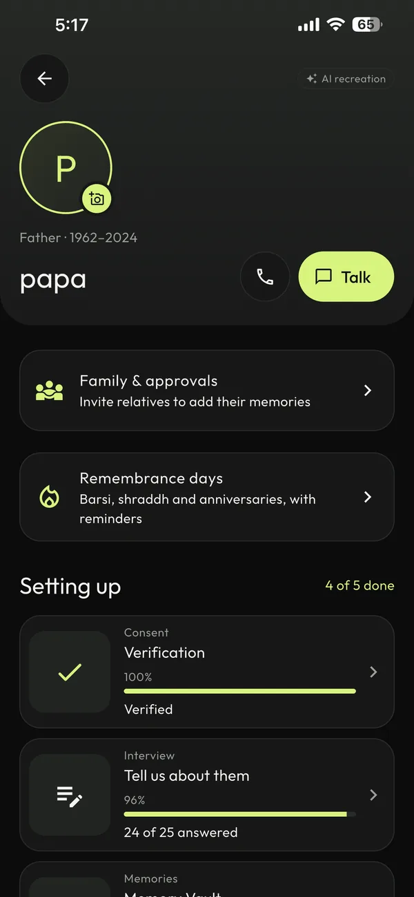 A persona page with talk, call and setup steps